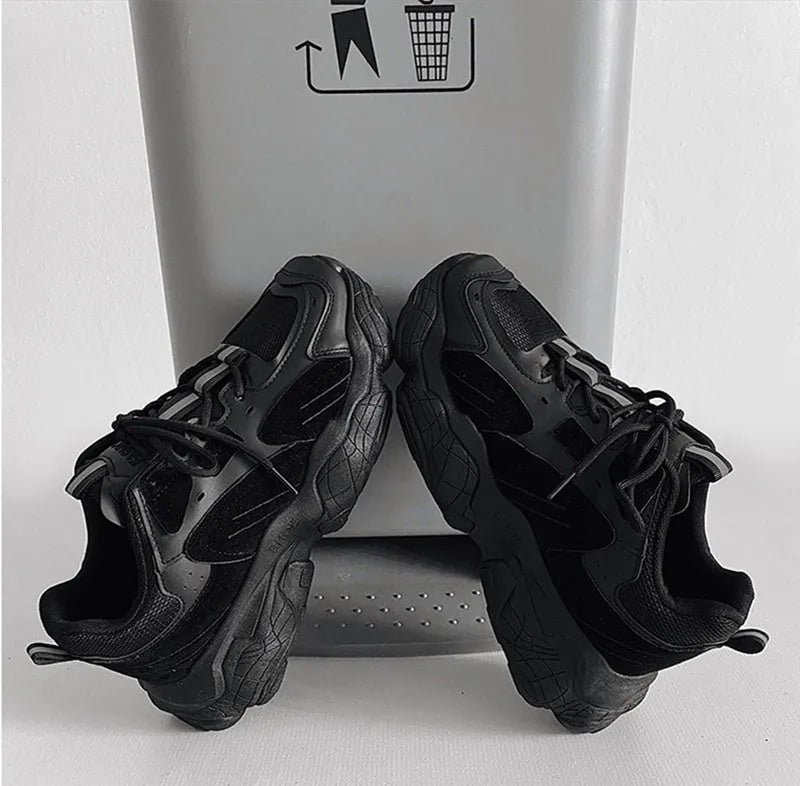 Fashion vulcanized chunky sneakers for men women in black colour with PU mesh upper and rubber sole
