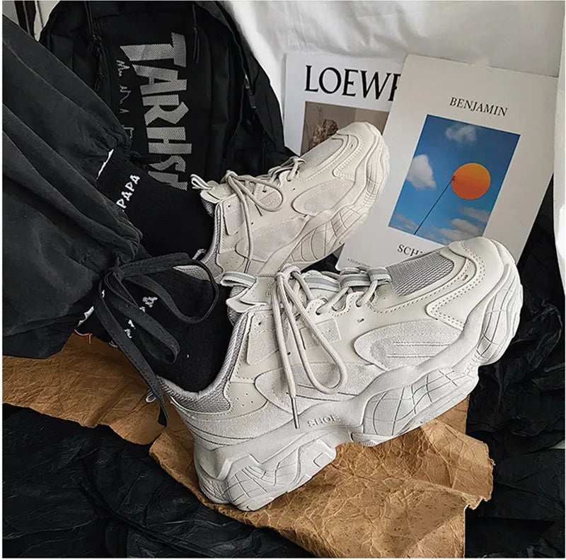 Fashion vulcanized chunky sneakers for men women in black colour with PU mesh upper and rubber sole