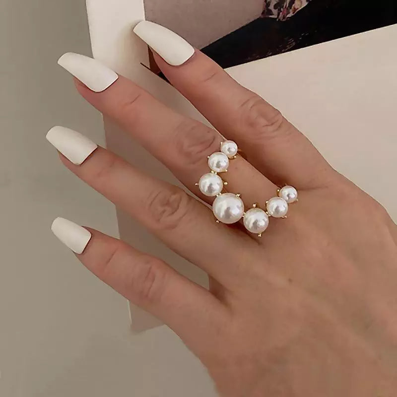 Fashion geometric pearl paved alloy ring in gold one size for women