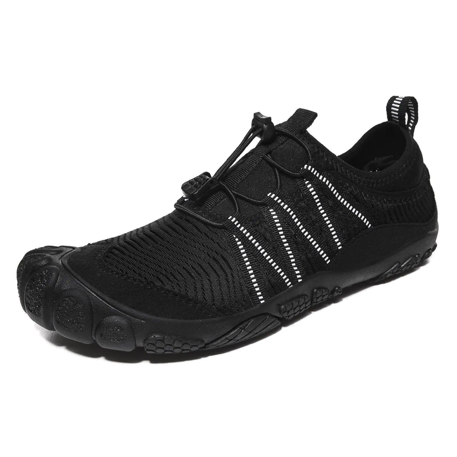 Black unisex low-top wading shoes with elastic band and textured rubber sole for water sports.
