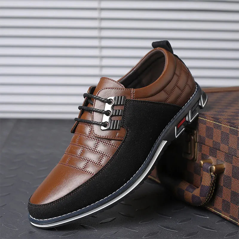 Men's black casual leather shoes with microfiber upper, rubber sole, and leather toe cap on a neutral background