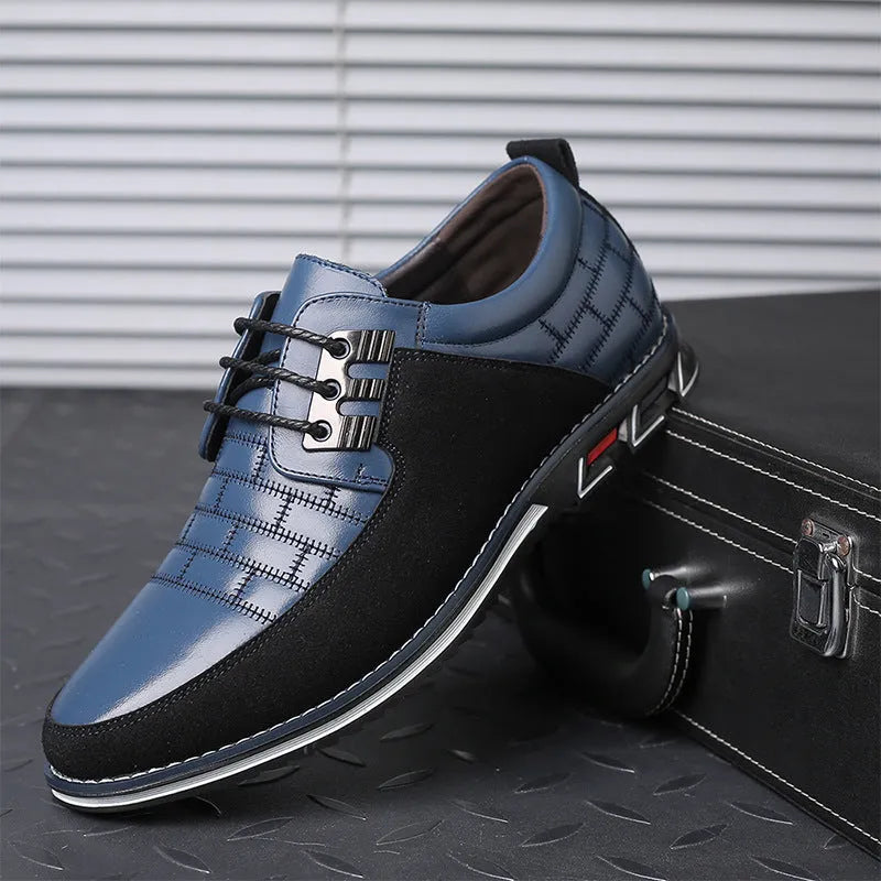 Men's black casual leather shoes with microfiber upper, rubber sole, and leather toe cap on a neutral background