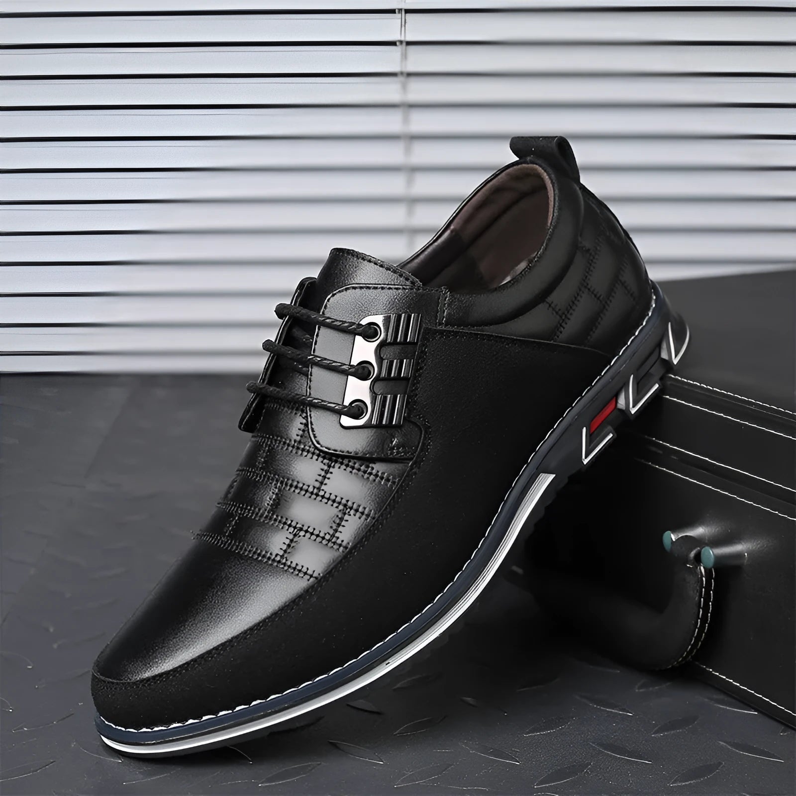Men's black casual leather shoes with microfiber upper, rubber sole, and leather toe cap on a neutral background