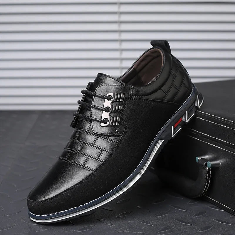 Men's black casual leather shoes with microfiber upper, rubber sole, and leather toe cap on a neutral background