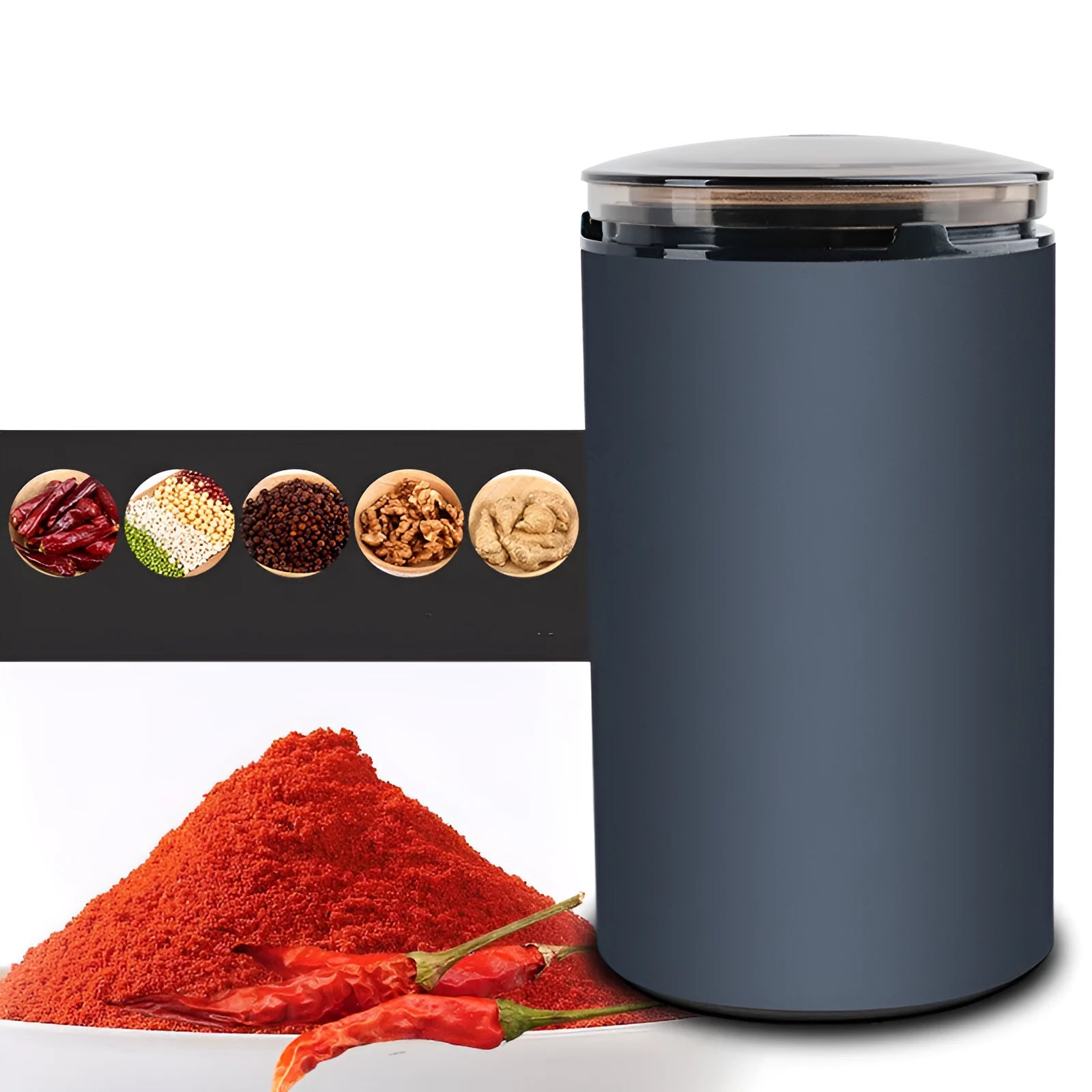 Navy 150W electric herb grinder 150A with aluminium alloy cup, compact 15.5cm size, on a kitchen counter