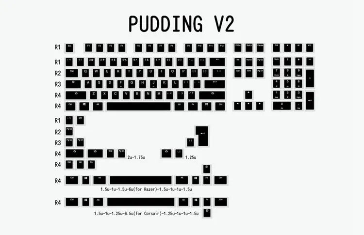 White and black PBT doubleshot pudding keycaps with translucent side legends for mechanical keyboards.