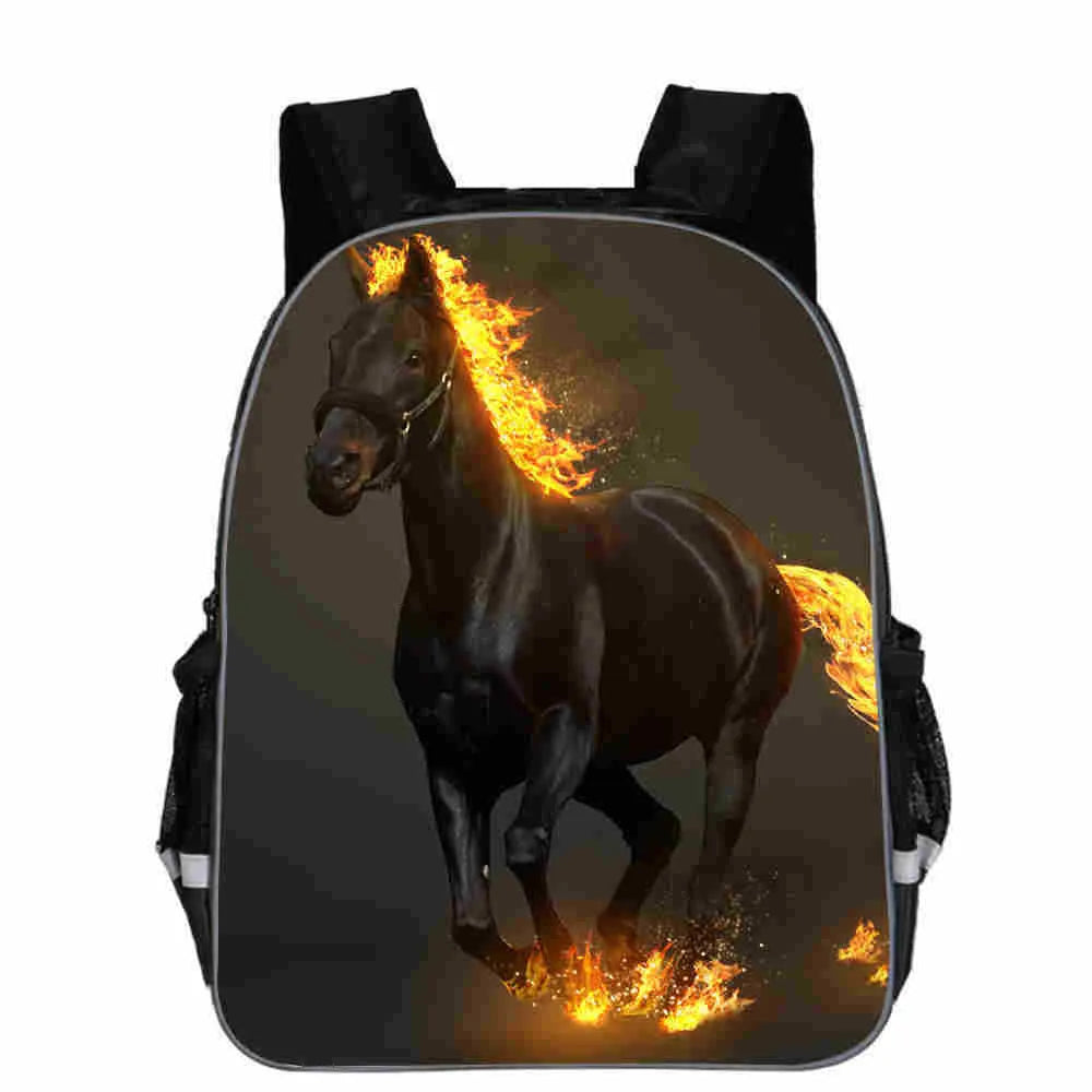Polyester school backpack with cartoon horse animal head design, shown in multiple colours and sizes.