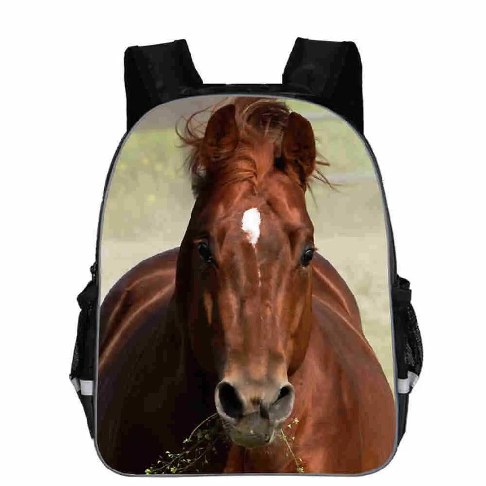 Polyester school backpack with cartoon horse animal head design, shown in multiple colours and sizes.