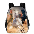 Polyester school backpack with cartoon horse animal head design, shown in multiple colours and sizes.