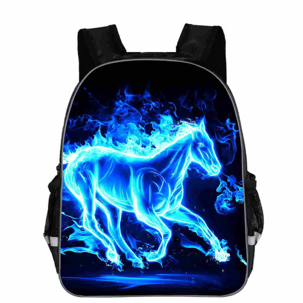 Polyester school backpack with cartoon horse animal head design, shown in multiple colours and sizes.