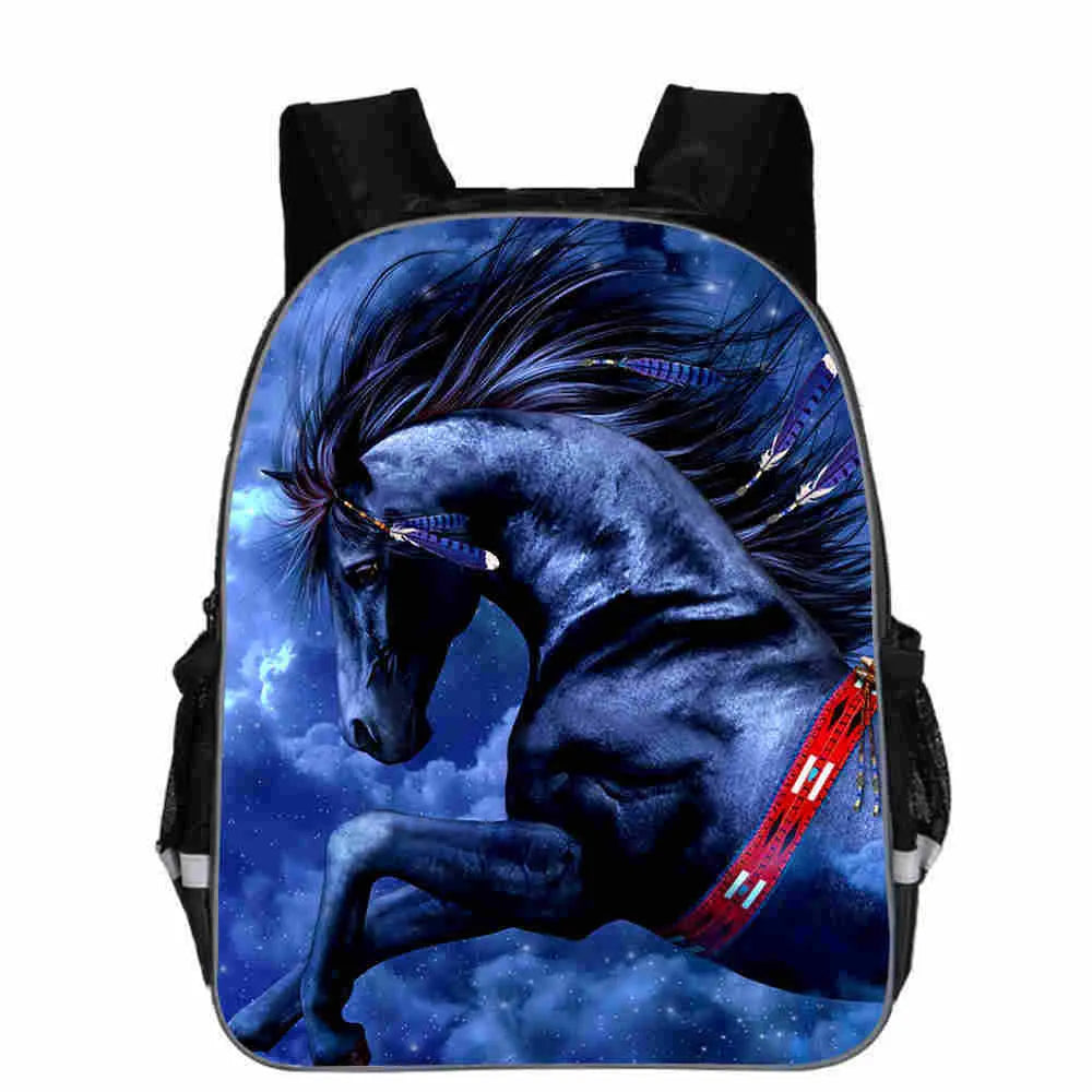 Polyester school backpack with cartoon horse animal head design, shown in multiple colours and sizes.