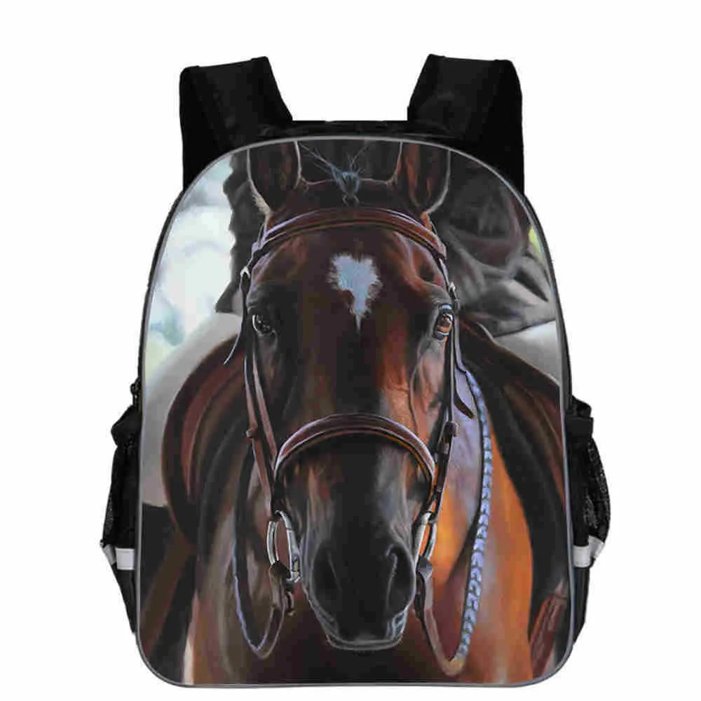 Polyester school backpack with cartoon horse animal head design, shown in multiple colours and sizes.