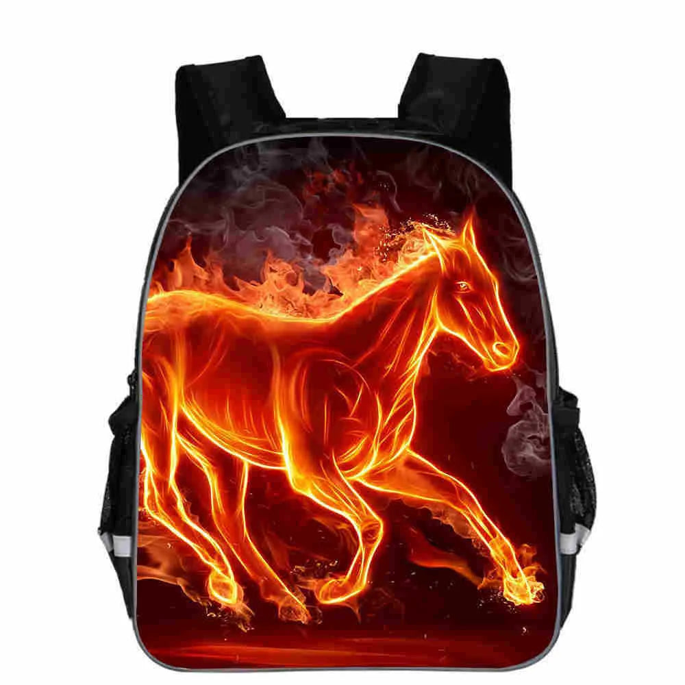 Polyester school backpack with cartoon horse animal head design, shown in multiple colours and sizes.