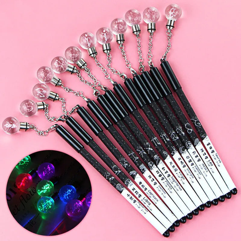 Constellation gel pen set showing 12 pens with 0.5mm needle tube nibs in five different design variations