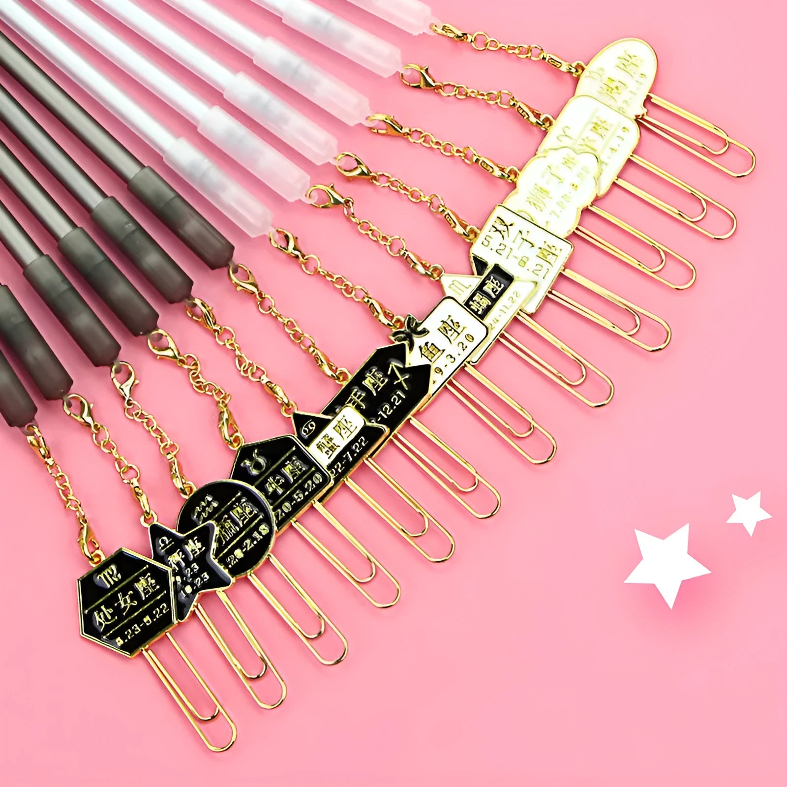 Constellation gel pen set showing 12 pens with 0.5mm needle tube nibs in five different design variations