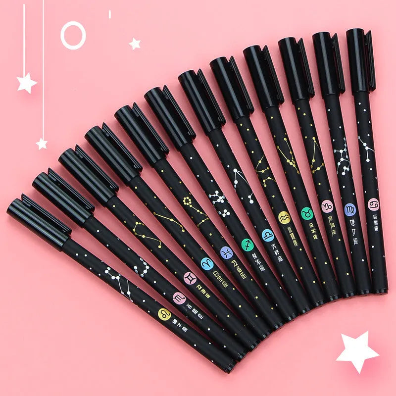 Constellation gel pen set showing 12 pens with 0.5mm needle tube nibs in five different design variations