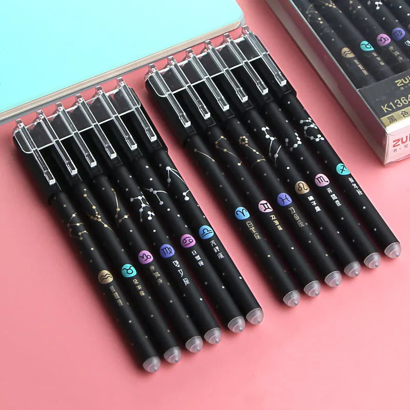 Constellation gel pen set showing 12 pens with 0.5mm needle tube nibs in five different design variations