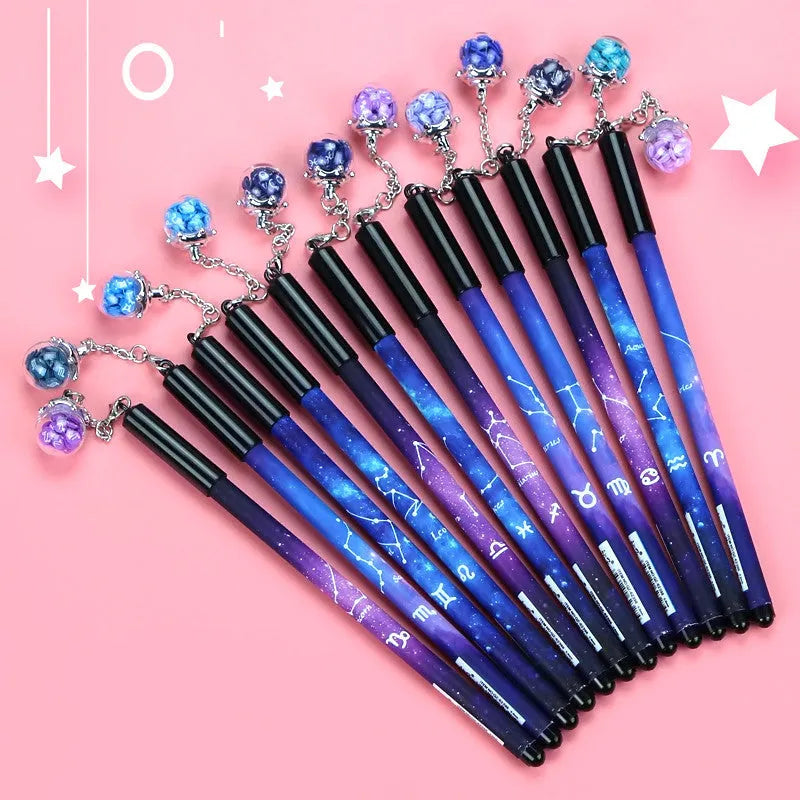 Constellation gel pen set showing 12 pens with 0.5mm needle tube nibs in five different design variations