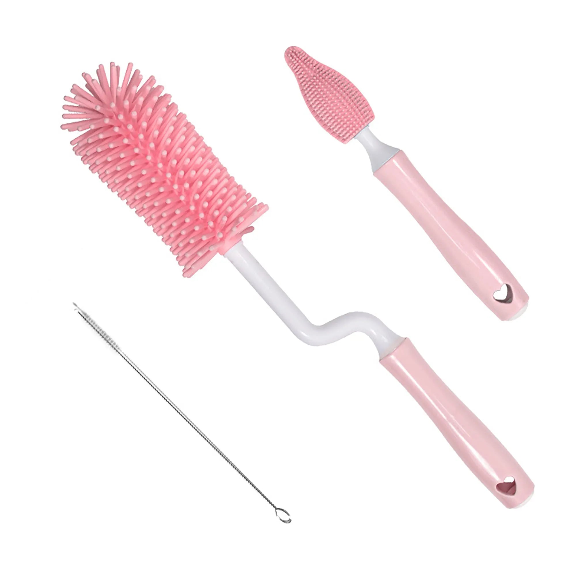 Silicone baby bottle brush set with main brush and separate straw cleaner in pink, blue and yellow colours.
