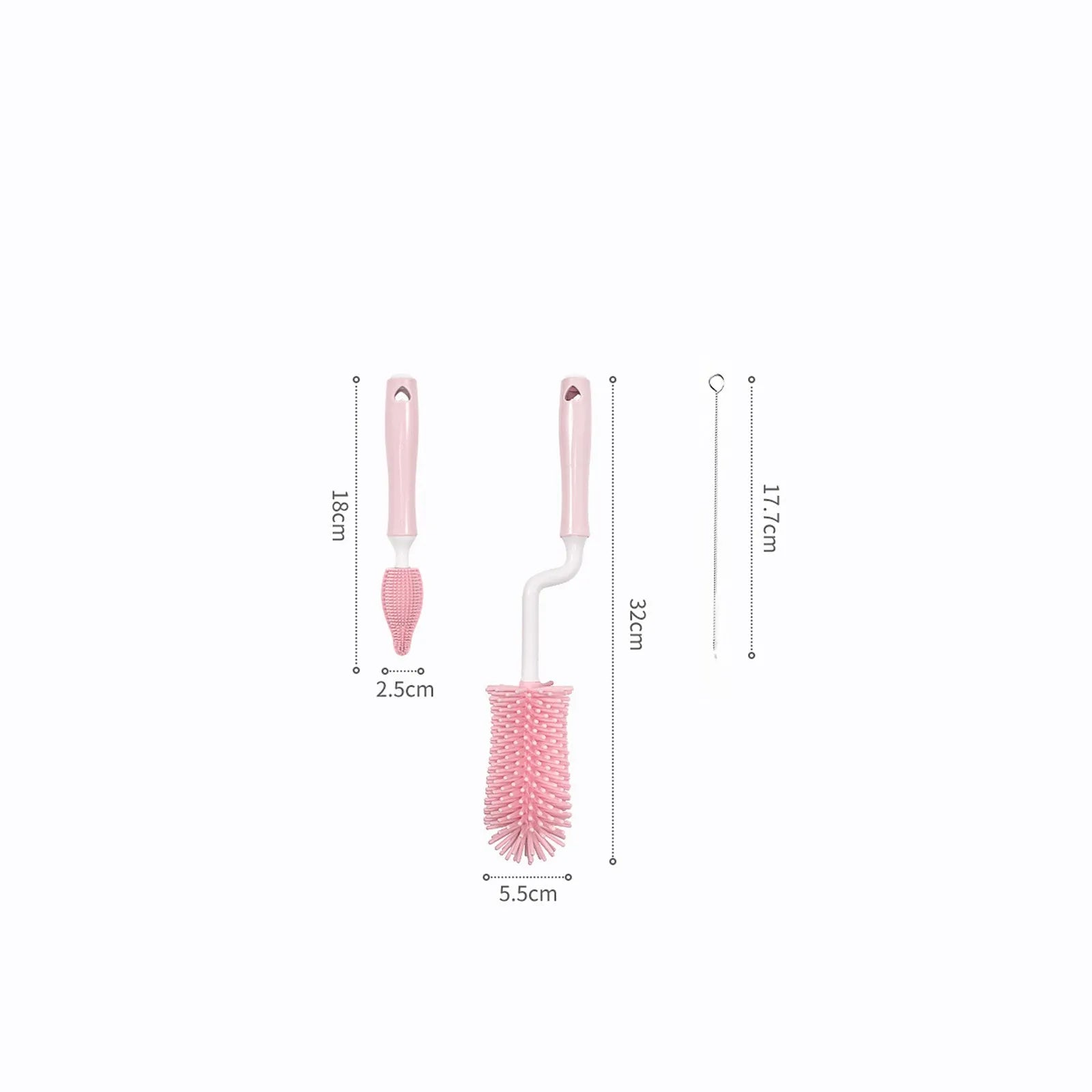 Silicone baby bottle brush set with main brush and separate straw cleaner in pink, blue and yellow colours.