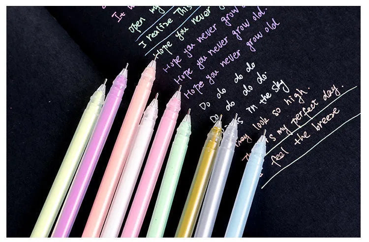 Korean style highlighter pen set with nine colours, flashing pen, needle tube tip, and plastic barrel with cap closure