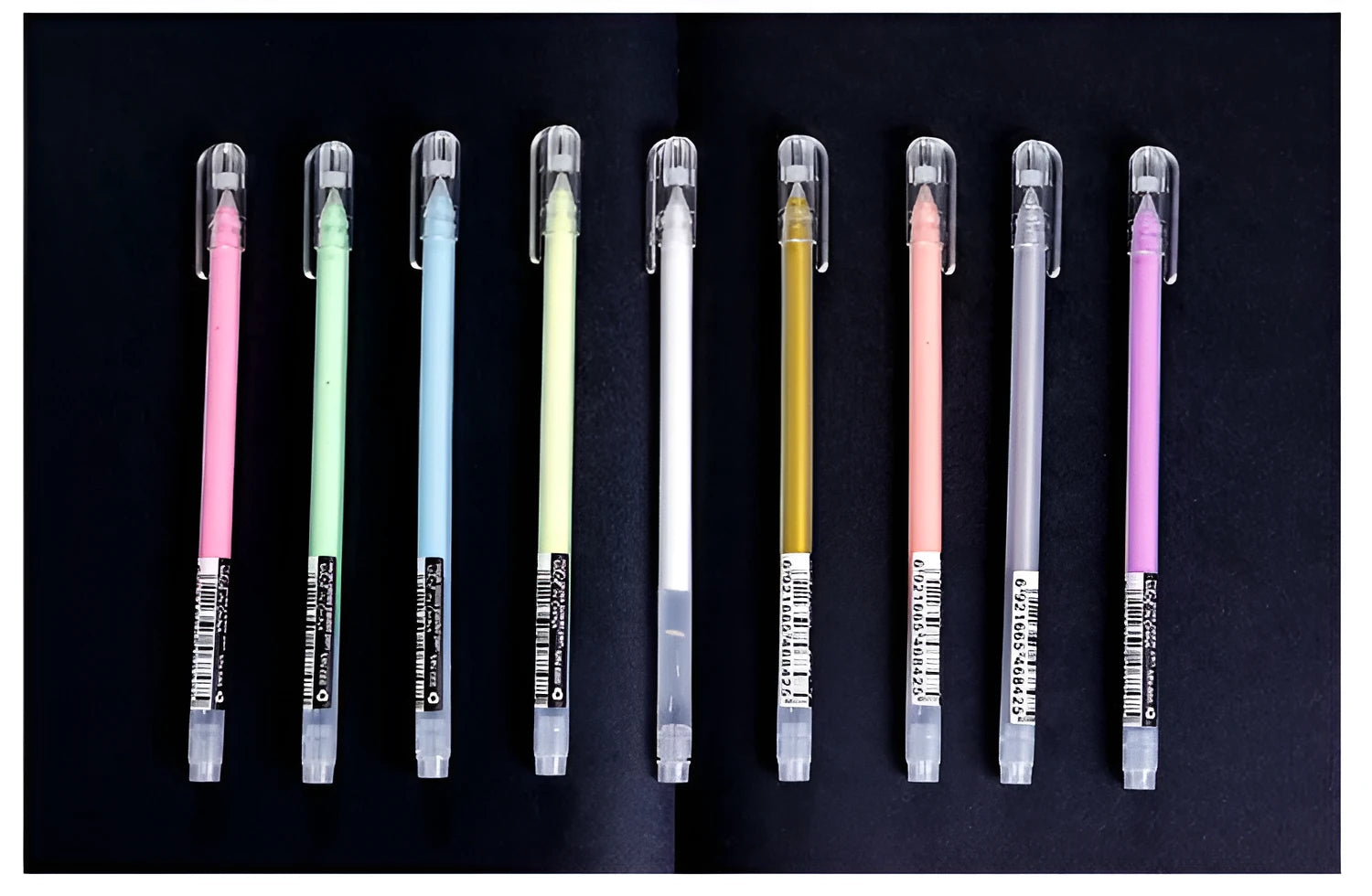Korean style highlighter pen set with nine colours, flashing pen, needle tube tip, and plastic barrel with cap closure