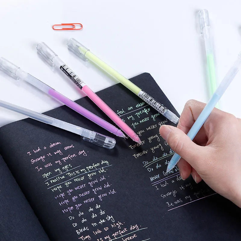Korean style highlighter pen set with nine colours, flashing pen, needle tube tip, and plastic barrel with cap closure