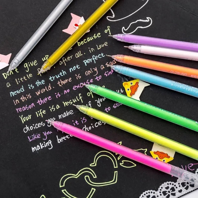 Korean style highlighter pen set with nine colours, flashing pen, needle tube tip, and plastic barrel with cap closure