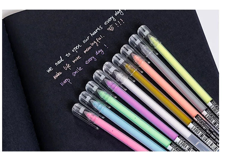 Korean style highlighter pen set with nine colours, flashing pen, needle tube tip, and plastic barrel with cap closure