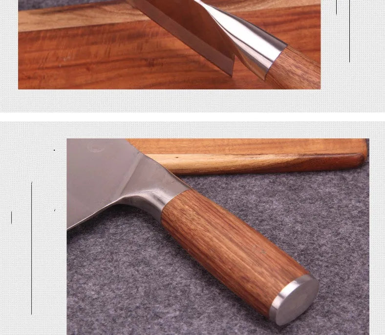 Stainless steel kitchen knife with 19.8cm blade, 60 degree edge, and yellow wooden handle on a cutting board
