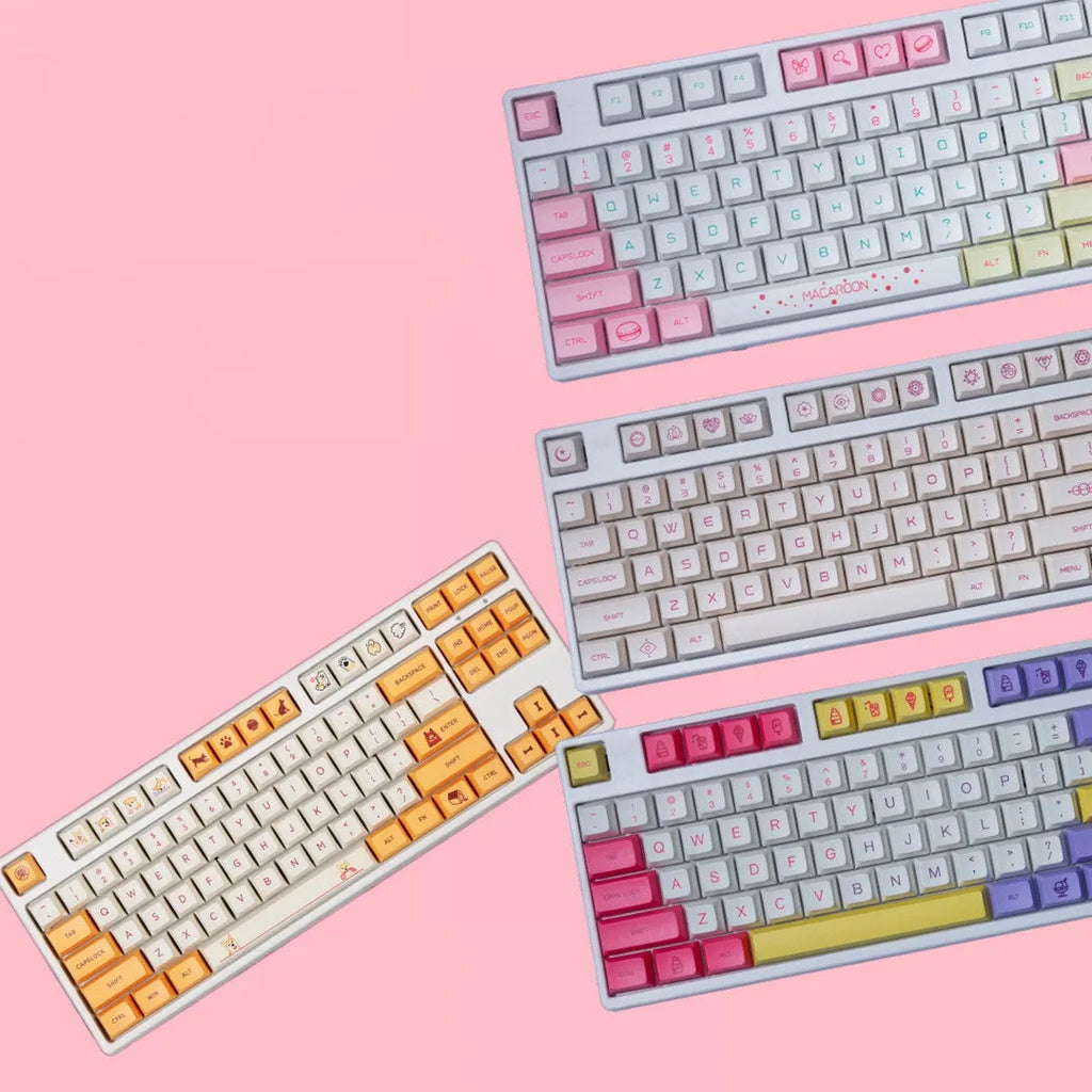Ice Cream Macaroni Key Cap set with wireless USB connection, available in Ice Cream Cup, Macaroon, Milk Violet, and Shiba Inu colours