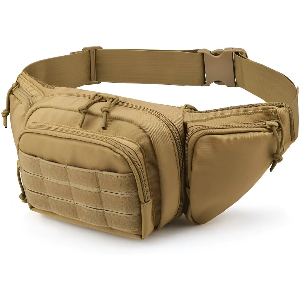 Black tactical waist bag with MOLLE webbing and multiple compartments shown on a model.