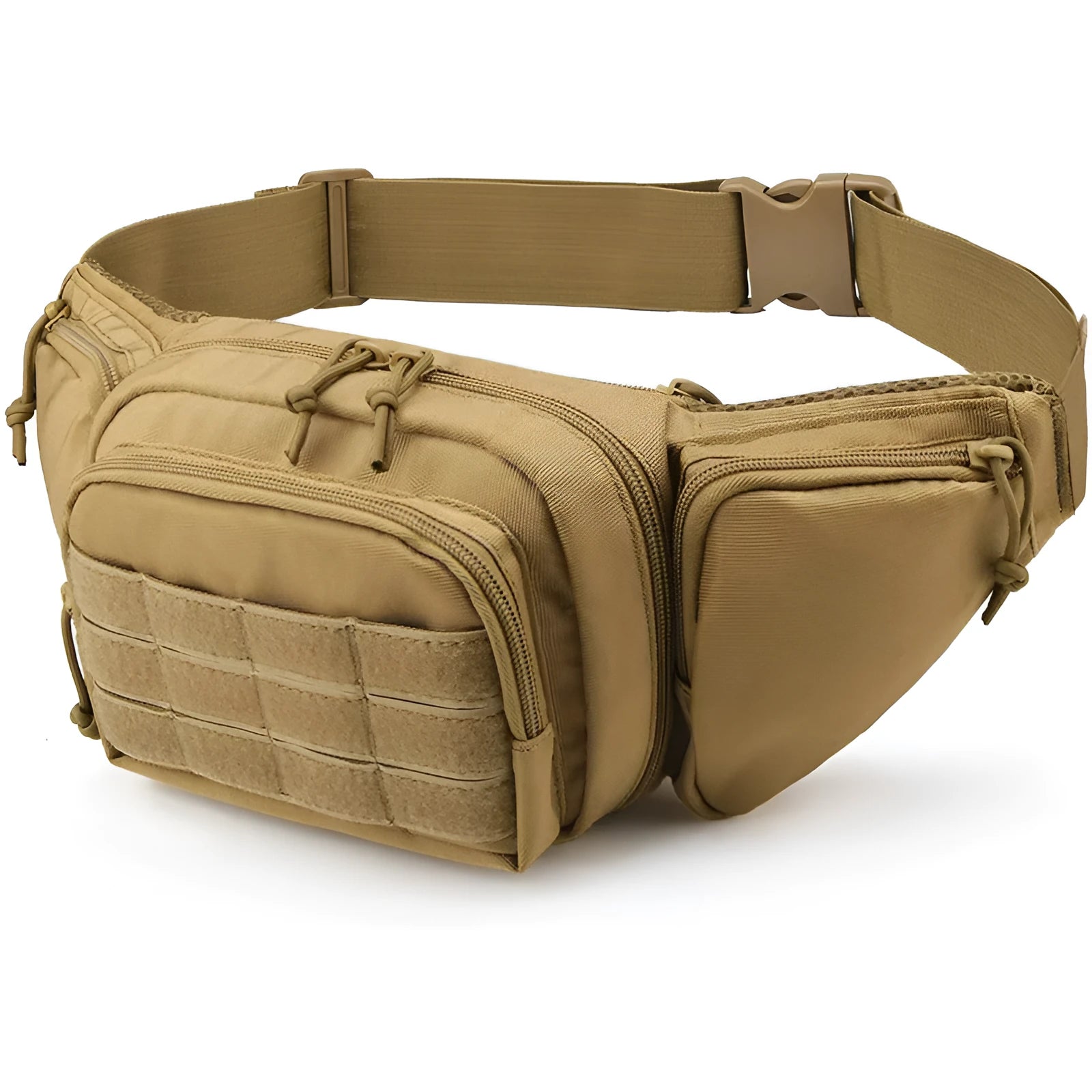 Black tactical waist bag with MOLLE webbing and multiple compartments shown on a model.