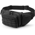 Black tactical waist bag with MOLLE webbing and multiple compartments shown on a model.