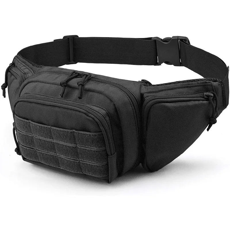 Black tactical waist bag with MOLLE webbing and multiple compartments shown on a model.