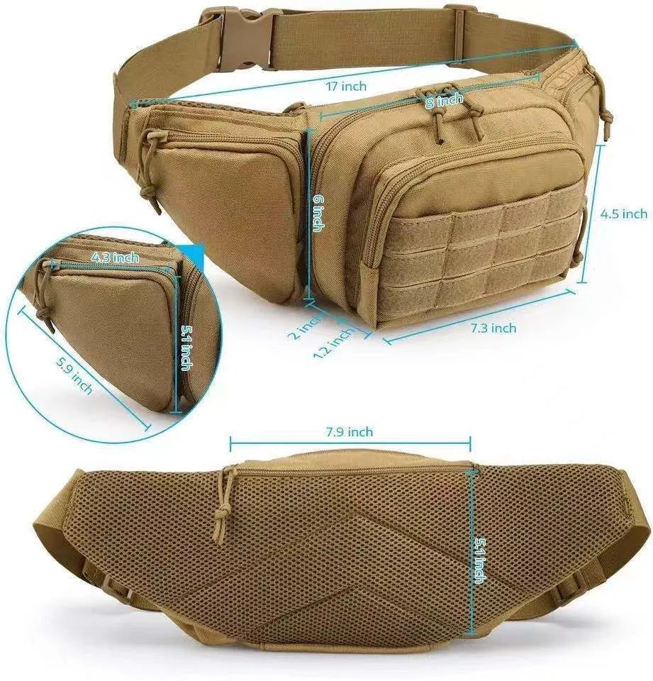 Black tactical waist bag with MOLLE webbing and multiple compartments shown on a model.