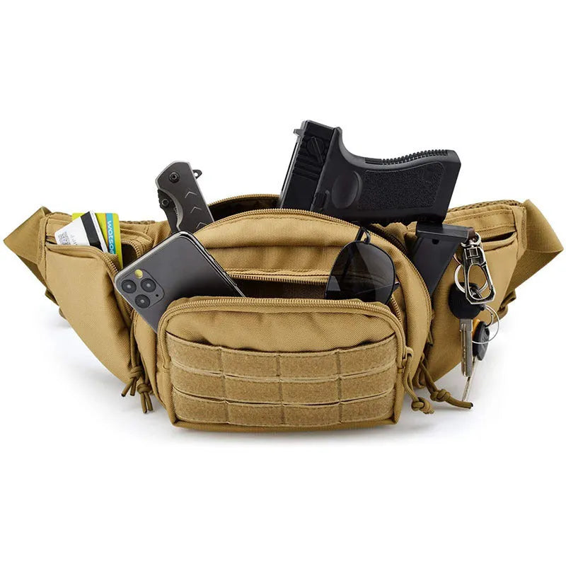 Black tactical waist bag with MOLLE webbing and multiple compartments shown on a model.
