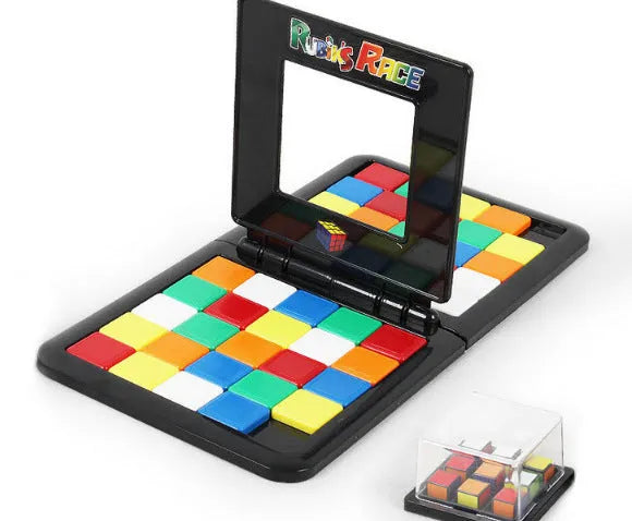 Color Battle Square Race Game with coloured dice and blocks in open box