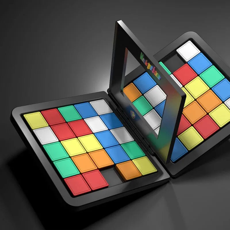 Color Battle Square Race Game with coloured dice and blocks in open box