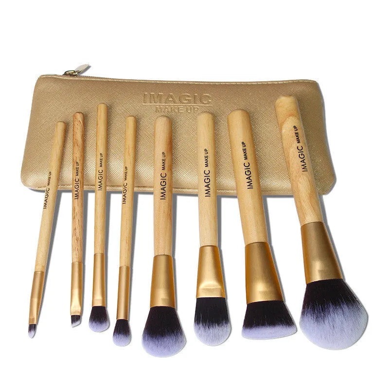 8-piece makeup brush set with soft artificial fibres, plastic handles, and aluminium tubes on a light background