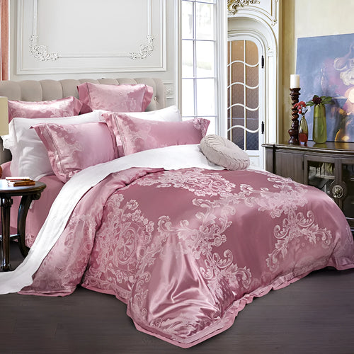European-style 4-piece pure cotton sateen jacquard bedding set with quilt cover, fitted sheet and two pillowcases shown on a bed