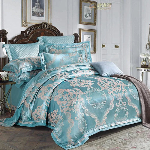 European-style 4-piece pure cotton sateen jacquard bedding set with quilt cover, fitted sheet and two pillowcases shown on a bed