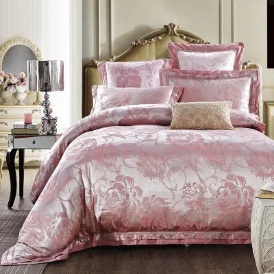 European-style 4-piece pure cotton sateen jacquard bedding set with quilt cover, fitted sheet and two pillowcases shown on a bed