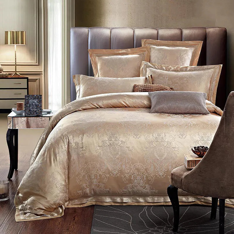 European-style 4-piece pure cotton sateen jacquard bedding set with quilt cover, fitted sheet and two pillowcases shown on a bed