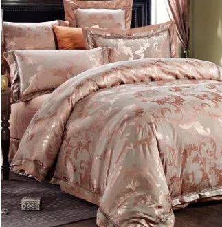 European-style 4-piece pure cotton sateen jacquard bedding set with quilt cover, fitted sheet and two pillowcases shown on a bed