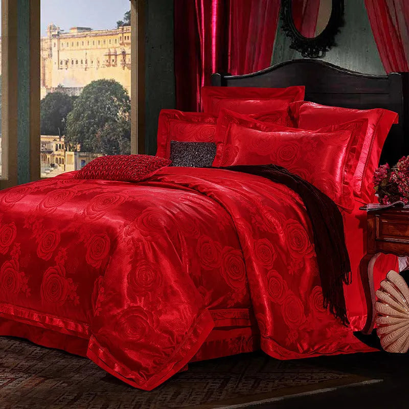 European-style 4-piece pure cotton sateen jacquard bedding set with quilt cover, fitted sheet and two pillowcases shown on a bed