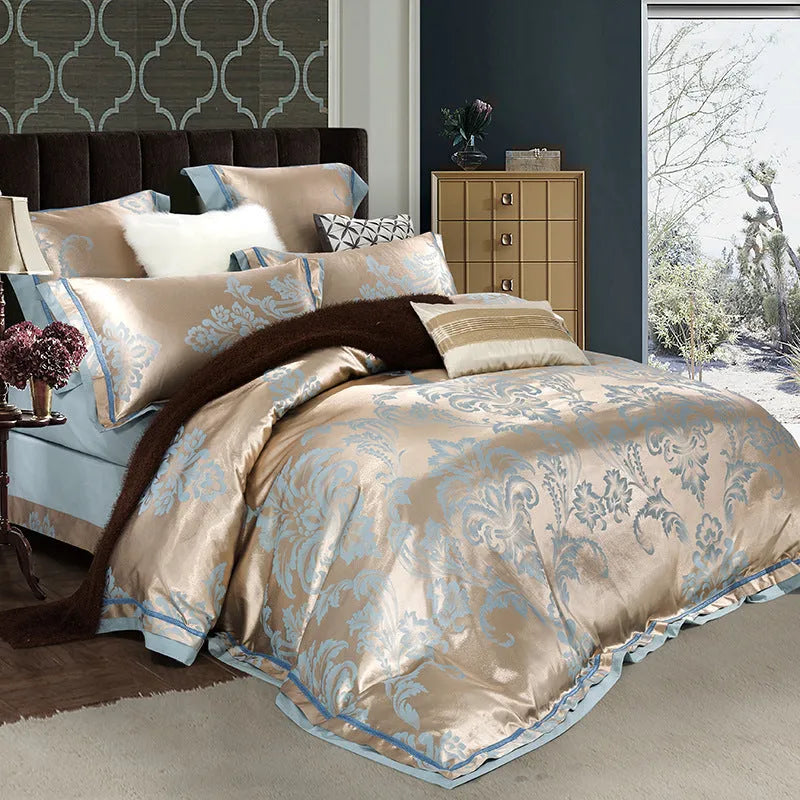 European-style 4-piece pure cotton sateen jacquard bedding set with quilt cover, fitted sheet and two pillowcases shown on a bed