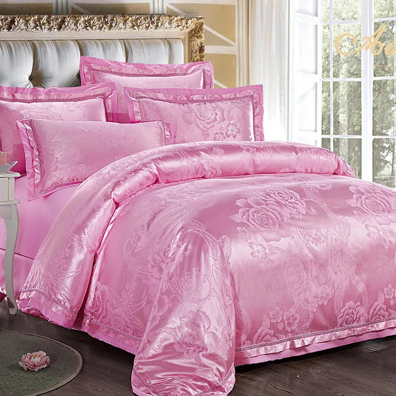 European-style 4-piece pure cotton sateen jacquard bedding set with quilt cover, fitted sheet and two pillowcases shown on a bed