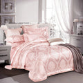 European-style 4-piece pure cotton sateen jacquard bedding set with quilt cover, fitted sheet and two pillowcases shown on a bed