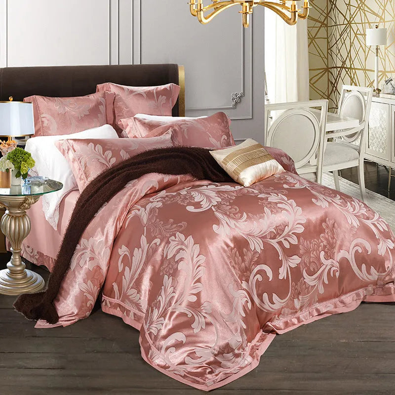 European-style 4-piece pure cotton sateen jacquard bedding set with quilt cover, fitted sheet and two pillowcases shown on a bed